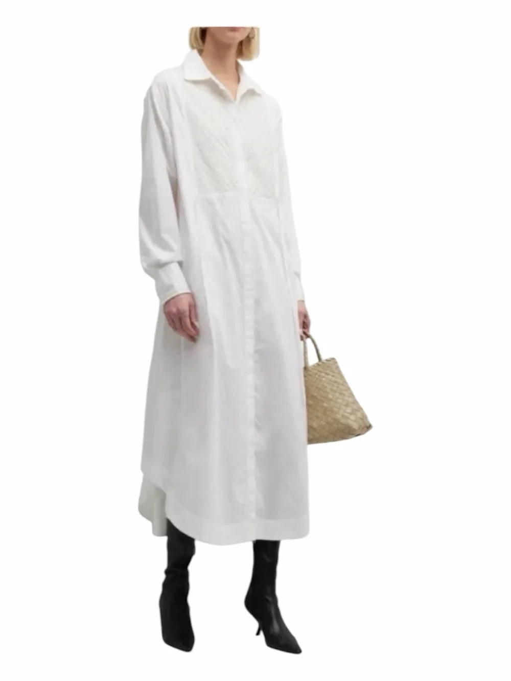 white embroidered swing dress Lacey Long Sleeve Swing Dress in Solid White Smoke for Women